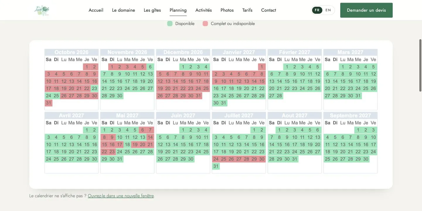 Page planning des disponibilités du site Le Petit Vialto